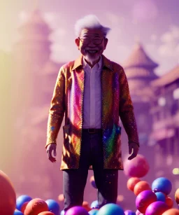 Ultra Realistic photo, medium shot view, drunken sweet dancer old Asian man, carnival scene, monster hair, steampunk style. Red hair, confeti, smile, happy, festival, ovnis, gradient color fog. highly detailed, concept art, unreal engine 5, ray tracing, RTX, lumen lighting, ultra detail, volumetric lighting, 3d, finely drawn, high definition, high resolution.