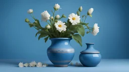 Background: Create a uniform blue background that serves as a backdrop for the scene. The blue should be a soothing shade, without any distractions or patterns. Pot and flower: In the center of the image, depict a pot or vase that stands out against the blue background. The pot should be sturdy and well-defined, with visible details such as texture and color variations. Exotic flower: Inside the pot, place an exotic flower that catches the viewer's attention. Choose a flower with vibrant color