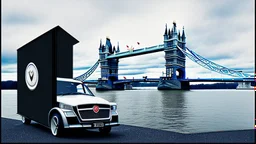 A Tesla semi-truck is parked, near the 'Tower Bridge', in London. CINEMATIC. WIDE ANGLE LENS.