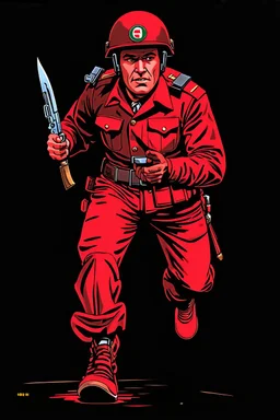 itallian soldier(uniform and face based on racist steriotypes) running towards viewer, a knife i one hand, and a gun(barrel pointing at viewer) in the other. blocky retro 1960's jack kirby style poster in monochrome with white background