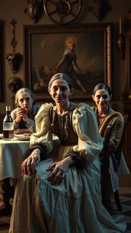 Persons flash photo, 1980 horror movieshot, sitting on a chair, table, bottle, eaging, dine, odd objects in background, persone con sorriso falso e occhi grandi, tenebroso, macabro, interno museo, fiotti di liquido nero che zampillano, hypermaximalist, Hieronymus Bosch style, strangeness, sundial light, intricate, albero, hypnotic, very accentuated details of the dress and skin, eerily mysterious, artistic photo, shot on Hasselblad, sadness, follia