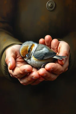 Bosch paint style in oil painting style of a bird peacefully sleeping in an open hands , The bird fathers harmonies with the scene, that blend with the warmth of the hands , contrasting with natural hands skin