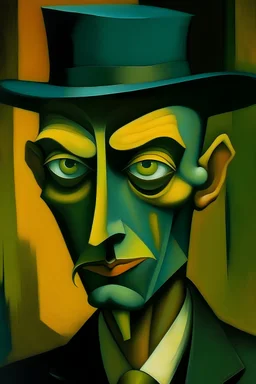 a strange thin man with incredibly gangly stature and pale skin with golden-green eyes clad in skin-tight navy blue clothing that also covers the head, Don Ivan Punchatz 1950s surrealist semi-cubism art style, thin faced, thin, boney features, bold colouring