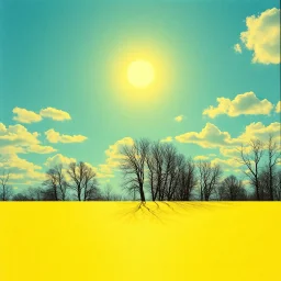 Fotografia di una superficie piatta di colore azzurro zucchero e giallo, paranoic, obsessive, nightmare, sole, nuvole, trees, hasselblad h6d400c --ar 85:128 --v 6, Hiroshi Nagai style, Max Ernst style, Egon Schiele style
