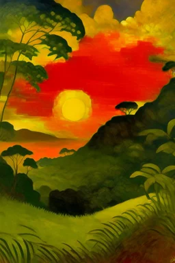 Sunset in the clouds in a dark gold rainforest near a field painted by Paul Gauguin