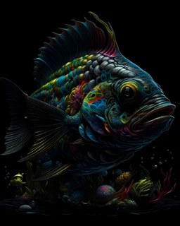 sea fish, colorful page, black background, perfect composition, beautiful detailed intricate insanely detailed octane render trending on artstation, photorealistic, soft natural volumetric cinematic perfect light, chiaroscuro, masterpiece, oil on canvas, raphael, caravaggio, greg rutkowski, beeple, beksinski, giger, black and white still, digital Art, perfect coloer, read,green, blew,white, ((((colorful)))))