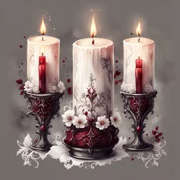 watercolor draw gothic vintage candles, dark red with flowers, white lace and rubies, white background, Trending on Artstation, {creative commons}, fanart, AIart, {Woolitize}, by Charlie Bowater, Illustration, Color Grading, Filmic, Nikon D750, Brenizer Method, Side-View, Perspective, Depth of Field, Field of View, F/2.8, Lens Flare, Tonal Colors, 8K, Full-HD, ProPhoto RGB, Perfectionism, Rim Lighting, Natural Lightin