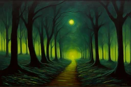 Trees, night, pathway, 2000's scifi movoes influence, ernest welvaert impressionism painting