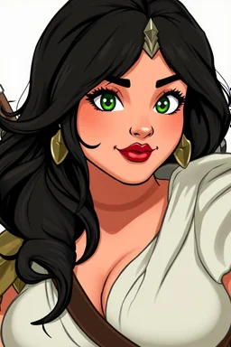 In a realistic, non-anime, vintage cartoon style: Bust shot of 35-year old, chubby Scandinavian dark-haired lady with green eyes and very thick lips who is dressed as a heroic and brave soldier princess, like Xena.