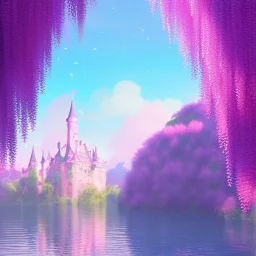 a pink castle, magical crystal pink castel, vertical light, pink and blue wisteria , pink vertical, blue lake,sharp, background vertical blue gradient vertical, elegant, highly detailed, artstation, concept art, smooth, sharp focus, illustration, 8k, splash art, wallpaper, key visual