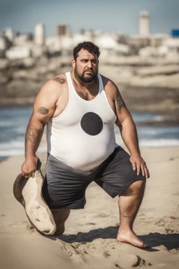 full figure shot photography of a tired chubby burly 38 years old ugly arab carpenter, tank top, big nose, tattoo, unshaved, short curly hair, manly chest, angry eyes, white boxer, open legs , at the beach in the sun, big shoulders, big tights, side light, ground view angle