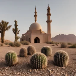 بعض الصبار والصخور الصغيرة ويظهر مسجد من بعيد