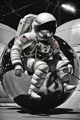 close side view of An astronaut sitting on a large steel ball.floating in the air, wide legs, holding on to the chain