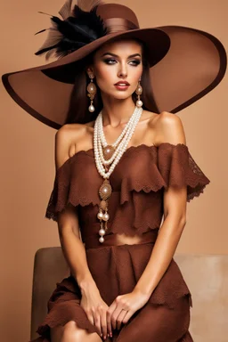 full body beautiful girl, elegant brown lace clothes of the 80s, luxury style, small elegant hat with feather, hair of the 80s, pearl necklace, earrings masterful, beautiful face