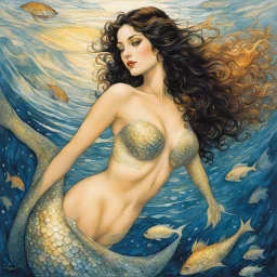 [art by Milo Manara]The mermaid, with her half-fish form, becomes a tantalizing vision of desire. the delicate interplay of light and shadow on her glistening scales, imbuing them with an almost palpable texture. Her eyes, framed by long, seductive lashes, hold a captivating gaze that draws the viewer into the depths of her enigmatic soul. the mermaid's gaze holds the power to unlock hidden desires and secrets, beckoning the viewer to explore the depths of their own imagination.The tattoos adorn