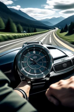 Generate a lifestyle image showcasing an Audi watch being worn by an individual driving an Audi vehicle through a scenic, winding road, illustrating the seamless integration of Audi watches into the Audi driving experience."