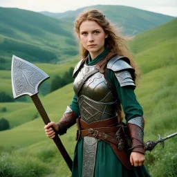 she is an iron maiden in the shire, with her battle-axe she is ready to defend her friends. Psychedelic, detailed 35mm film photograph. Resolute Hobbit iron maiden in rustic steel armor with etched patterns stands fiercely in the rolling green Shire hills. She holds a large, battle-worn two-handed battle-axe ready. Determined, brave expression. Braided hair. Round hobbit holes, gardens, distant conical hills under a swirling turquoise and magenta sky at golden sunset. Several hobbits, her friend
