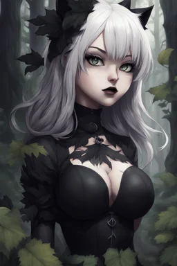 CAT GIRL, goth, forest, nature, cartoon, leaves, half black half white hair, boobs