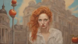 Ginger hair Alexandra "Sasha" Aleksejevna Lussinin the head Apple Vision Pro of lovely bombshells Stocholm city oil paiting fantasy psychology dream, symptom, paint Salvador Dalí style in the Stocholm city in the head Apple Vision Pro