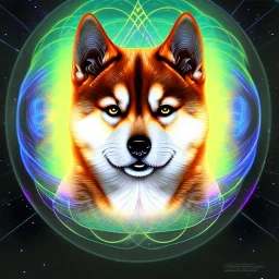 cosmic shiba inu, psychic ethereal orbs, sacred geometry energy