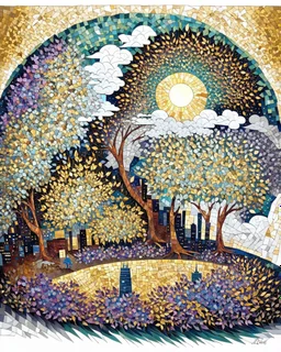 Gorgeous amazing patchwork, Kandinsky dot line drawing, highly detailed, exquisitely intricate, beautiful, clear, high quality, colorful, great golden sunset, fantastic - Daniel Merriam, Iwona Lifsches, Alex Alemany, fractal, mosaic, layers, multidimensional, 3D, teal sparkling trees, glistening gold leaves, skyline, . Starry night. Gustav Klimt, purple flowers, sunflowers, gray clouds Modifiers: extremely detailed intricate beautiful imperial colors high definition hdr Leonid Afremov Big round