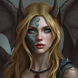 a blonde fantasy woman who is turning into a gargoyle, her face is partially stone, digital art, stylised