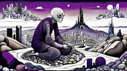 a nonbinary human figure crouched in middle of a multi-layered thick amorphous block of stone consisting of several layers, around weird whimsical landscape city in the distance, pale eyes, pale hands faint human figures, dark purple, gray, black, white, brown. Whimsical style of Chagall , of Minjae Lee and Anton Semenov, lonely with absurd broken land, neuron network background, surreal vibe