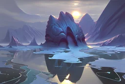 Night, ice blocks, lagoon reflection, sci-fi, epic, otto pippel painting