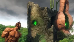 The image presents a surreal and dreamlike landscape. In the foreground, on the left, is a humanoid figure of brown tones, with prominent musculature and a head reminiscent of that of a beetle. To its right, an architectural structure emerges with an organic and rocky appearance, with angular shapes and a window that emits a bright green light. In the background, two plant figures can be seen, one of them similar to a cactus and the other with a more organic and bulbous shape, also with an openi