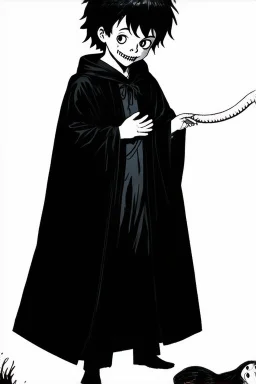 7 year old boy, necromancer, friendly, looks dead,with a long lamprey emerging from his bellybutton, wearing black robes, with the lower body of a ghost in the style of Harry Clarke
