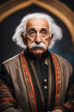 Einstein i n Azerbeyjan traditional costum color full ,upper body ,blury background ,closeup ,sharp focus