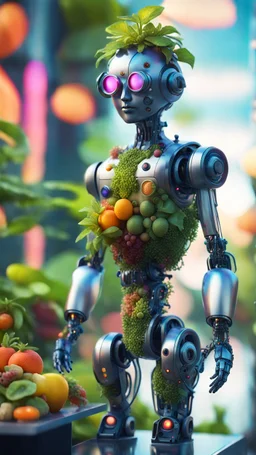 a full body portrait of a vegan hippie cybernetic robot made of living plants in all colors and tasty fruits growing, and having a sentient look in its eyes, like a buddha, on a glass pier,bokeh like f/0.8, tilt-shift lens 8k, high detail, smooth render, down-light, unreal engine, prize winning