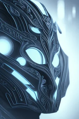 black tron legacy mask, close-up, macro lens, centered camera, intricate details, small minutiae, tiny features, particulars, colorful, 8k, least ambient occlusion, volumetric lighting,