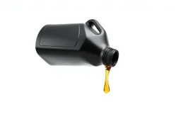 whole bottle(black plastic, generic motor oil) floating in middle of image, on it's side pouring(oil) out of the opening. white background, Smooth vector