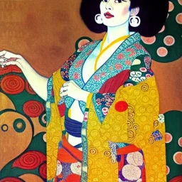 Retrato de cuerpo entero una Gheisha vestida con kimono muy guapa y voluptuosa con el estilo de Gustav Klimt