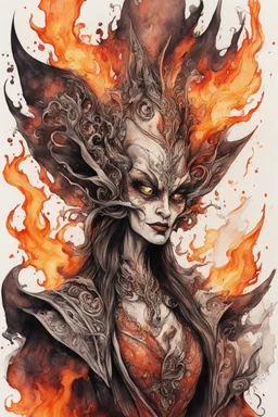 create an abstract ink wash and watercolor caricature portrait of a beautiful, malevolent, ornately dressed , 14th century sorceress engulfed in fire ,highly detailed with refined facial features in the cartoon caricature style of Gerald Scarfe and Ralph Steadman precisely drawn, boldly inked, vividly colored, 4k