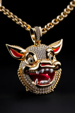 A gold chain with an iced out pumbaa sitting pendant, eyes should be ruby red and fangs in gold