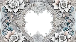 combination of different vintage lace with floral and plants ornament silver metallic threads circles and bubbles, pastel colors lacy border unique elegant, high detailed, sharp focuses, photorealistic, masterpiece