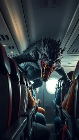 A scary creature attacking passengers of an airplane in side the airplane seats
