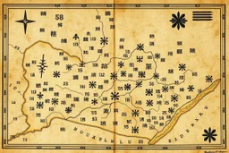 a scan of an ancient Cree Anishinaabe map, hand drawn been stained and weathered, Cree Syllabic symbols