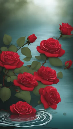 The image is a digital artwork that depicts a green branch of red tree of Red roses and red leaves tangling in to a water in the river with aThe rose floats on the surface of the water, creating a wave-like effect. The background is red , which makes a branch of a tree of red roses stand out even more. Water droplets are scattered adding to the dreamy, ethereal quality of the image.all leaves and background are black