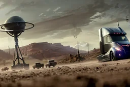 A Tesla 'Semi' (semi truck) is parked, in the battle against Martians of "The War of the Worlds". (CINEMATIC, WIDE ANGLE LENS, PHOTO REAL)