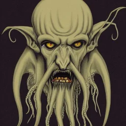 Cthulhu with white skin and a beard made of fleshy tentacles as a Russian Orthodox nosferatu vampire with yellow eyes