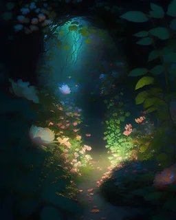 A hidden garden filled with luminescent flowers, casting a soft glow on the surrounding foliage and mysterious pathways.