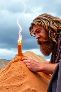 close up cam on moses controls sand tornado with his wand building a hill