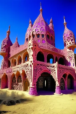 A purplish magenta Egyptian spider palace in a desert painted by Antoni Gaudi