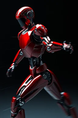 A hyper-realistic 3D Dynamic motion, intense jet black, pure black, deep shadows. A dazzling red droid mechanic, sleek metallic body, precise joints. Digital painting, futuristic robot, blurred lines, action poses