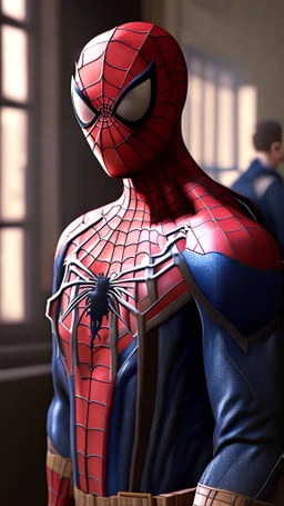 spiderman become a student, wear uniform, ultra realistic, 4k, ultra detail, full body, full picture