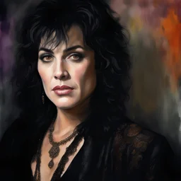 facial portrait, Paul Stanley/Ray Stevenson/Elvis Presley/Thomas Jane/Dolph Lundgren/Jon Bernthal/Jeffery Dean Morgan as a beautiful black-haired female vampire, dark, multicolored watercolor stained wall in the background, oil painting in the art style of Gilbert Stuart, 32k UHD, Hyper realistic, photorealistic, realistic, sharp, highly detailed, professional quality, beautiful, awesome, majestic, superb, trending on artstation