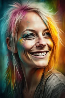 head and shoulders portrait, Miss Motley Crue - Smiling, a multicolored watercolor stained wall in the background, 4k, 8k, 32k UHD, Hyper realistic, extremely colorful, vibrant, photorealistic, realistic, sharp, highly detailed, professional quality, awesome, majestic, superb, trending on artstation, Cinematic, Real, Life like, Highly detailed, sharp, focused, fantastic